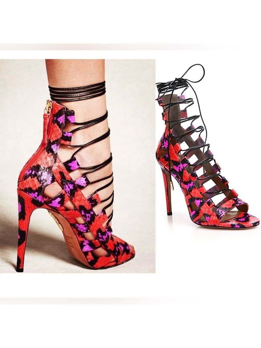 Aquazzura Amazon strappy snakeskin sandals red pink elaphe snakeskin Sz 36.5